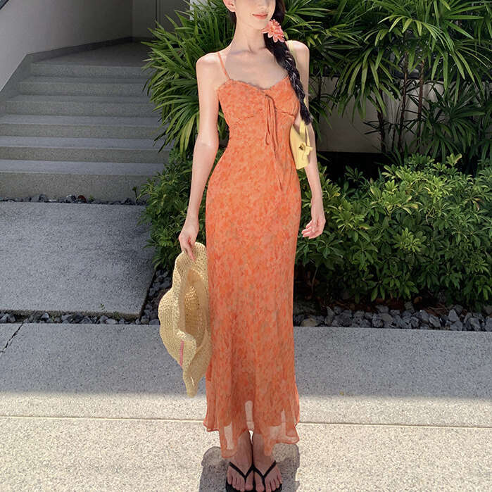 2026 Spring and Summer New Designer Flower Festival Long Skirt with Waist and Lovely Orange Tank Top Dress
