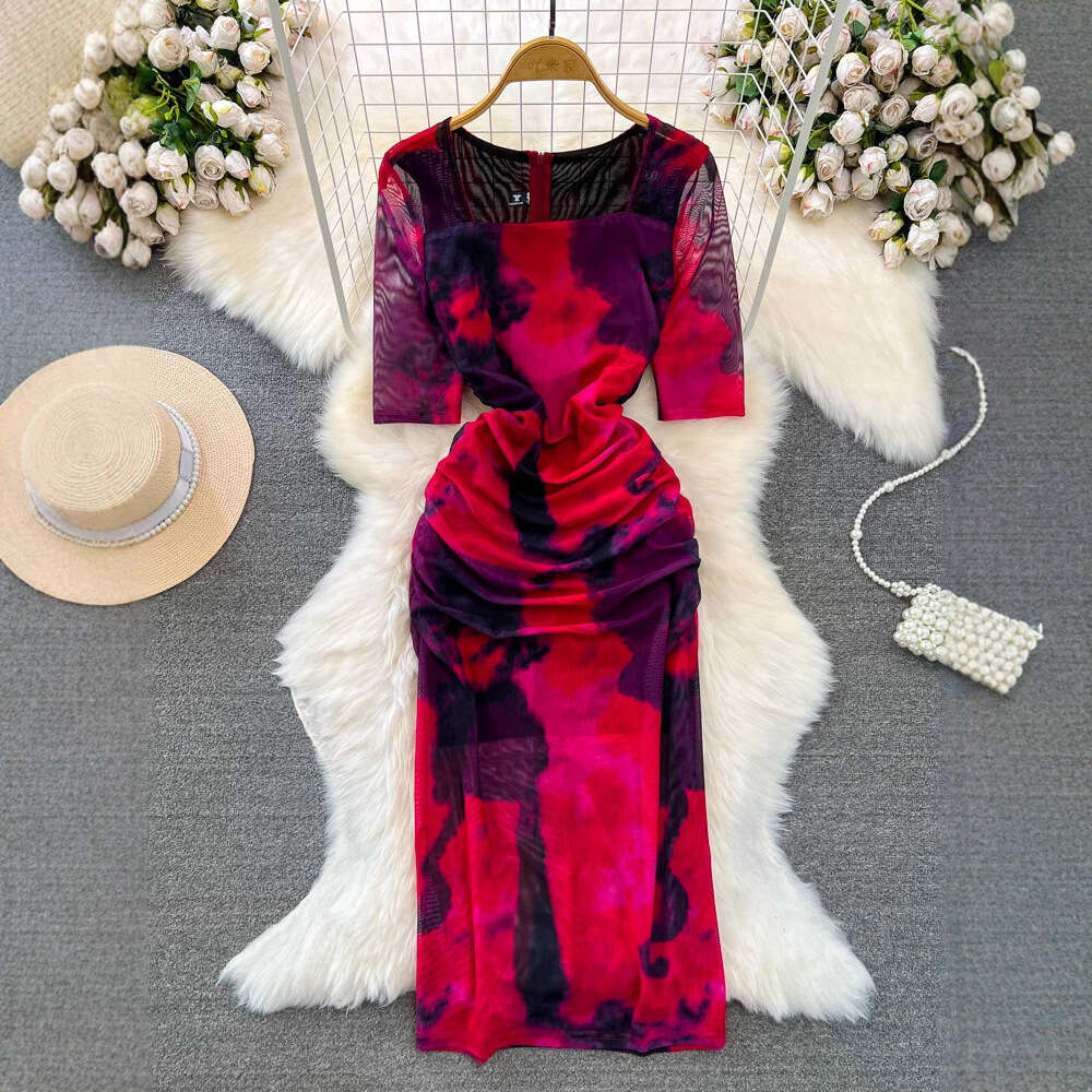 2026 high-end luxury women's short sleeved square neck slim fit medium to long oil painting printed slim fit dress