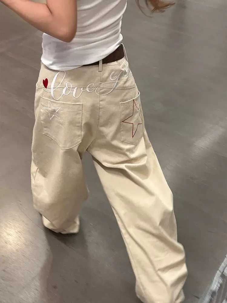 Women Streetwear Letter Embroidery Brown Y2k Baggy Jeans 2025 Harajuku Vintage Denim Trousers Japanese 2000s Boyfriend Pants M260310