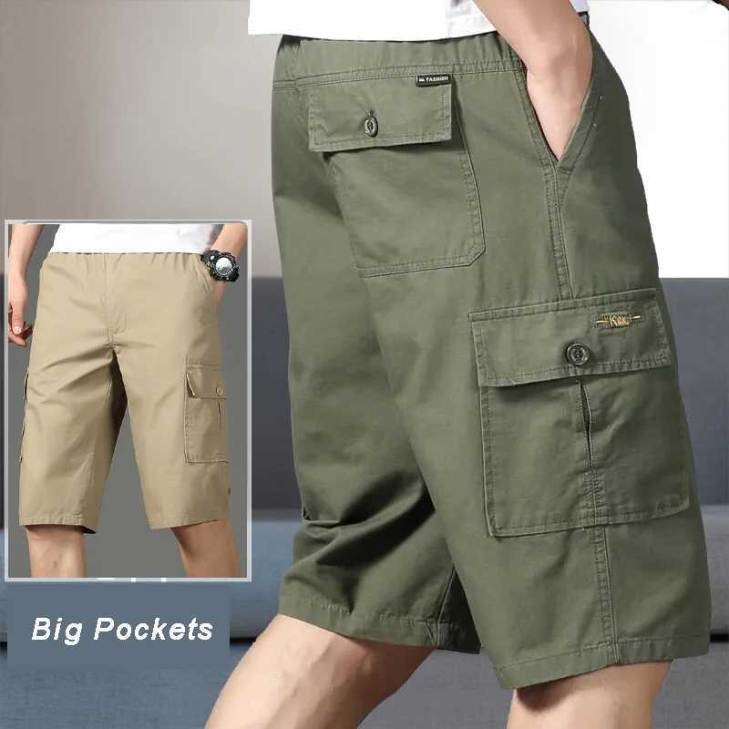 Mens Cargo Shorts Knee Pants Zipper Pocket Summer Cotton Shorts Climbing Jogger Elastic Waist Sports Wear N260310