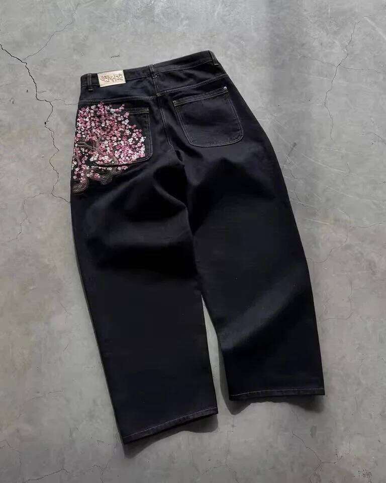 Gothic Jeans Y2K Clothes Men Women Harajuku Casual Sakura Embroidery Vintage Black Baggy Jean High Waist Wide Leg Trouser C260310