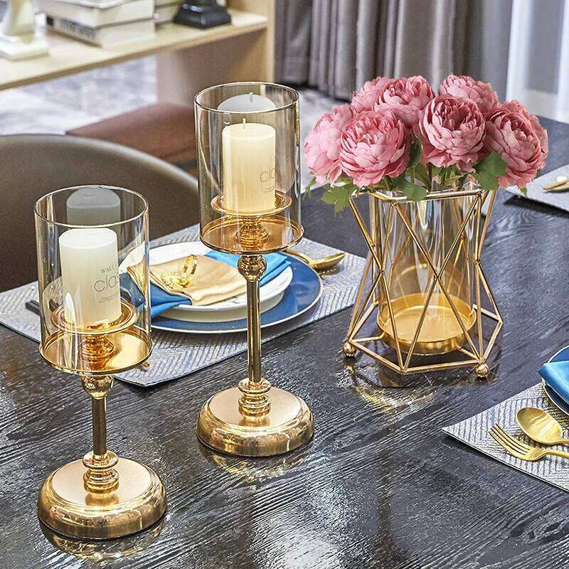 1pc Golden Glass Holders Pillar Candle Candlestick for Dining Coffee Table Wedding Events Parties Home Decor H260310