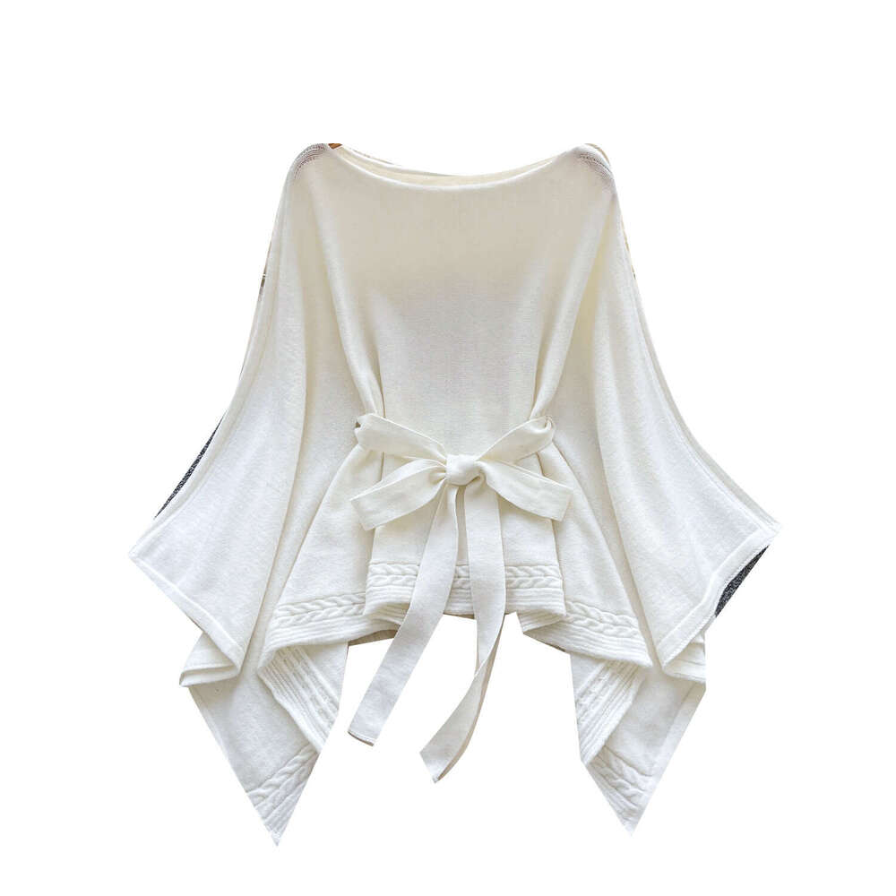 2026 casual fashion high-end tie waist off shoulder cape knitted women's sweater autumn loose fit versatile asymmetric