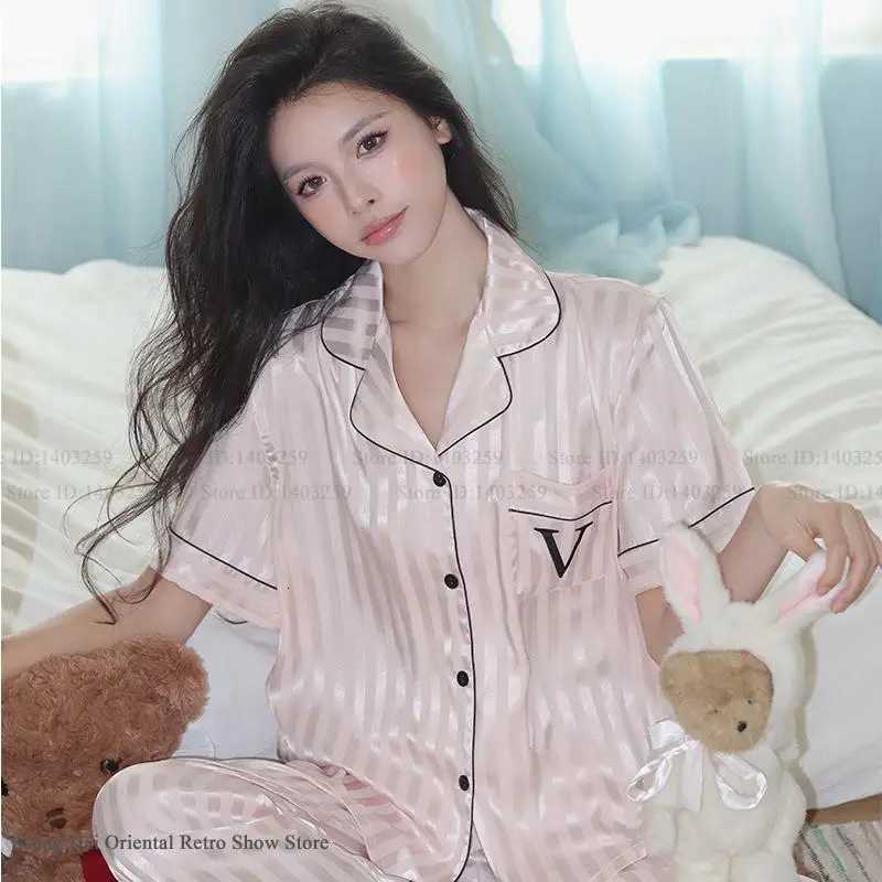 Spring Summer Female Pajamas Set Lingerie Silky Satin Sleepwear Long Sleeve Pijamas Suit Loose Casual Home Clothes LoungewearT260310