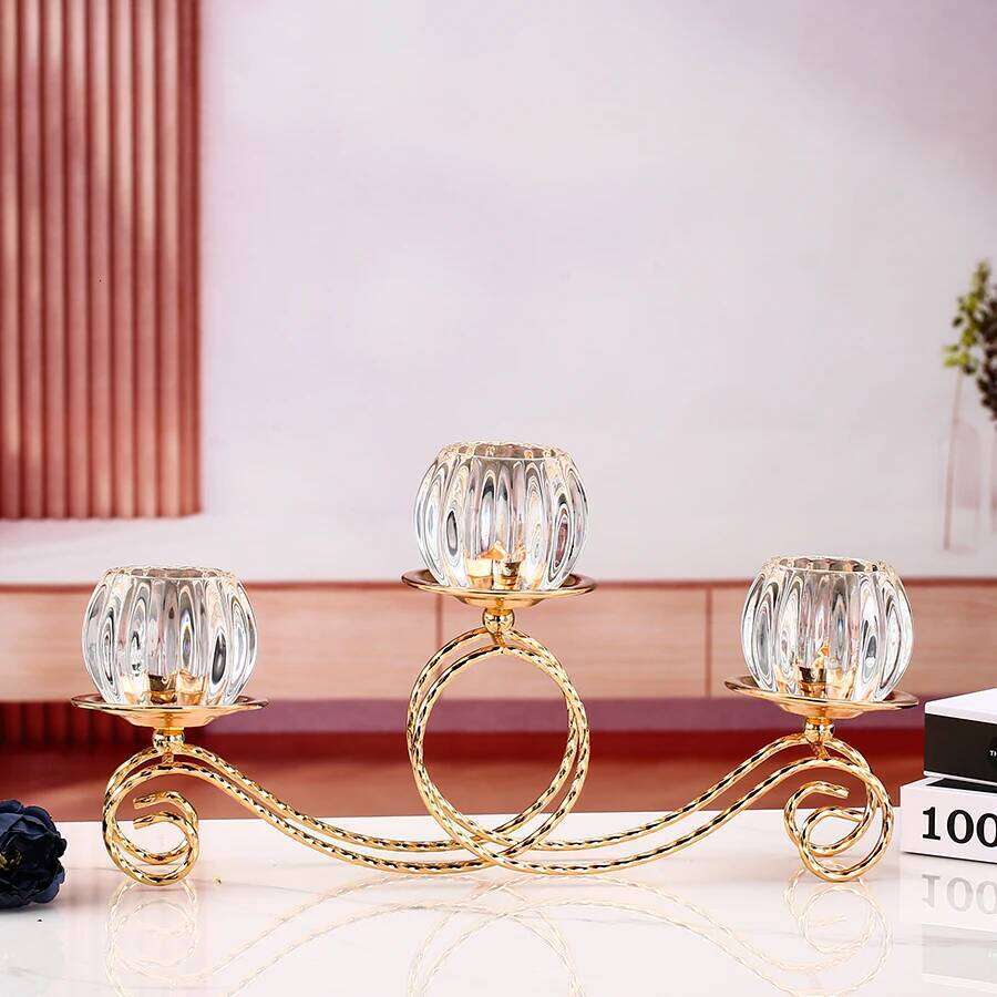 1pc 3 Arms Golden Metal Votive Candle Holder Candelabra, Vintage Candlestick for Table Centerpiece Wedding H260310