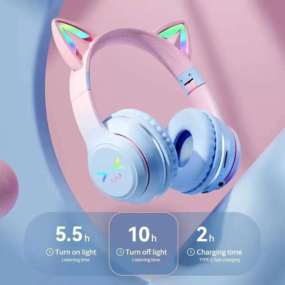 Flash Light Pink Cute Cat Ear Headphones Wireless Earphone Over-ear Noise Cancelling Folding Headset Girl Gift Earbuds 26W0310