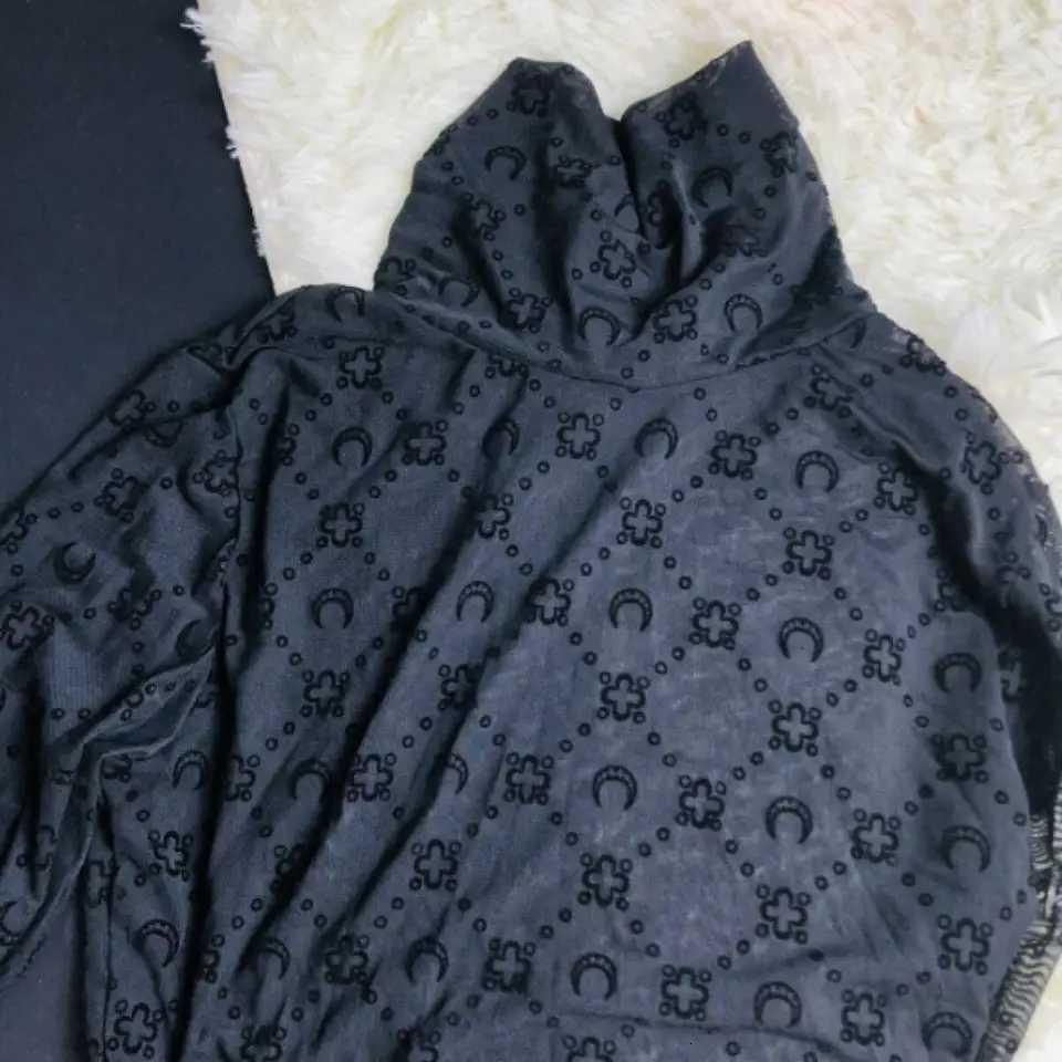 Sexy Top Womens Long Sleeve T-Shirt Moon Plush Mesh Hollow Translucent High Collar High Street Spring Solid Color VersatileT260310