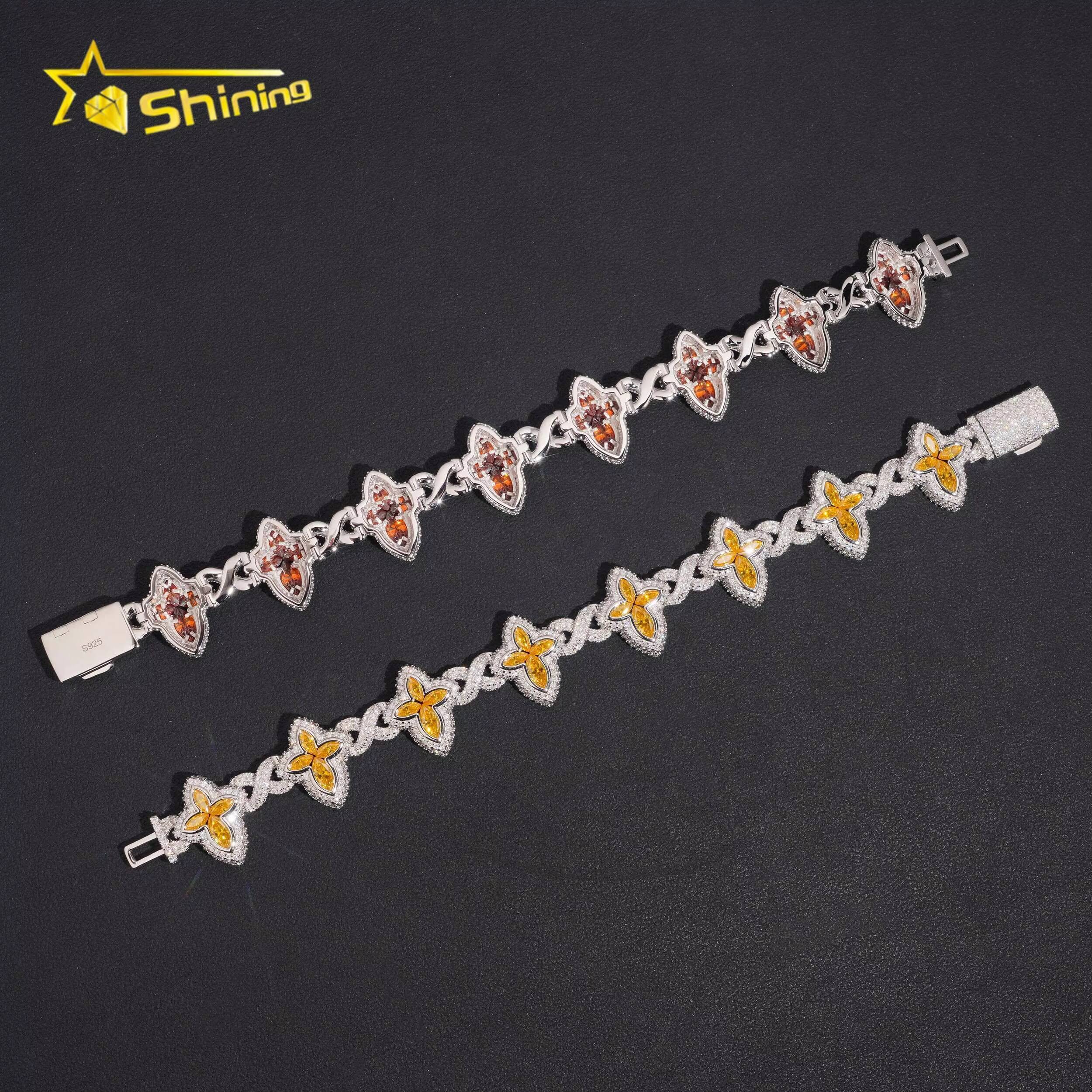Pass Diamond Tester Colors Moissnaite Flower 15mm Mens Cuban Bracelet S925 Gold Plated Luxury Cuban Link Chain Hip Hop Jewelry