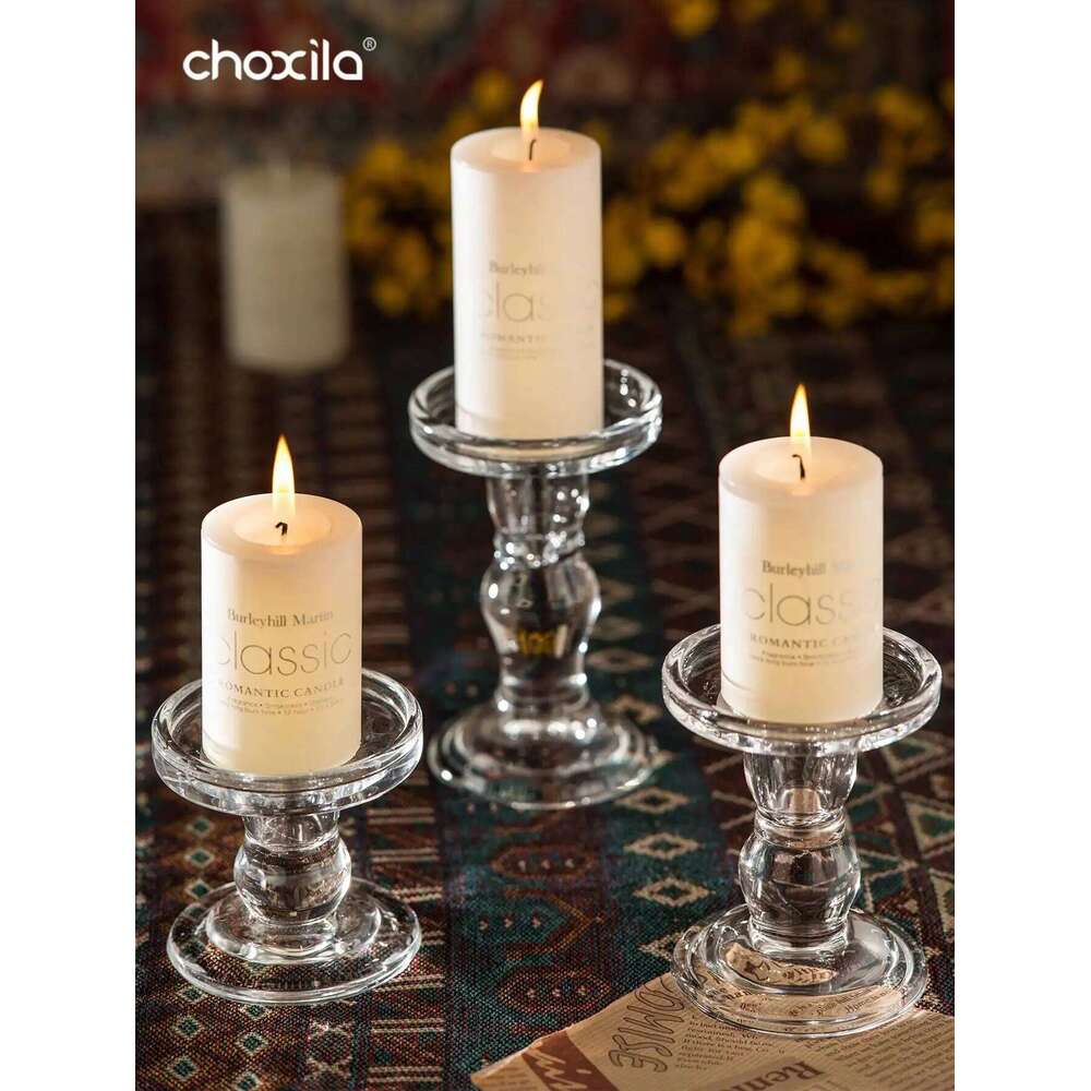 1pc Glass Clear Candle Holder, Decorative Candlestick, Crystal Candlestick With Round Base Elegant Home Decor H260310