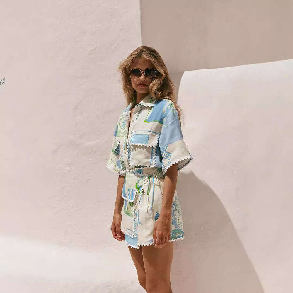 Fashion Printed Ruffle 2 Piece Set Women Summer Casual Patchwork Holiday Trendy Pocket Button Tops And Mini Skirt Two Piece Sets
