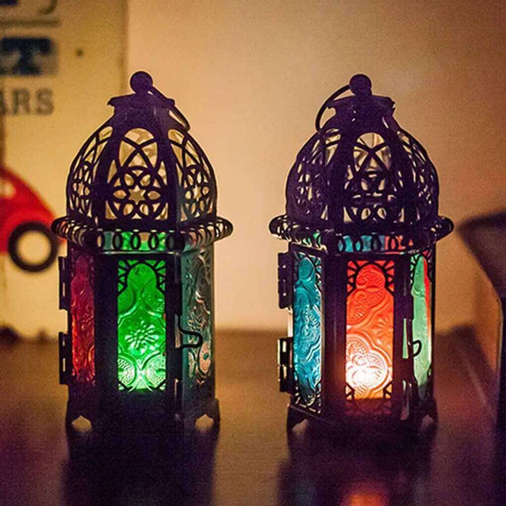 Glass Crystal Moroccan Candlestick Metal Hollow Holder Home Coffee Shop Decoration Iron Hanging Candle Lantern H260310