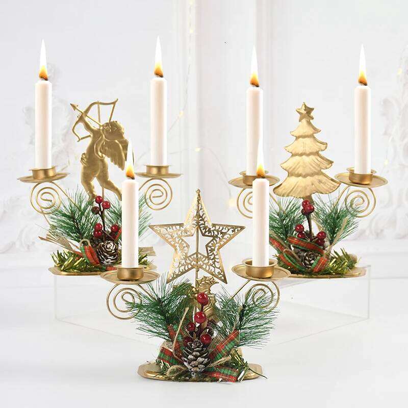 Christmas Golden Wrought Iron Candlestick Santa Claus Snowflake Star Elk Candle Holder Table Ornaments Xmas Decor New Year Gifts H260310
