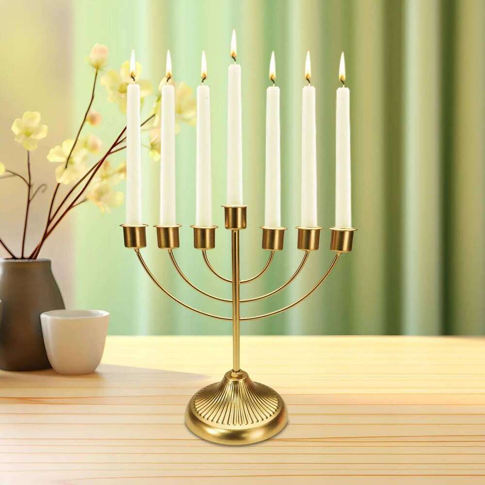 Candlestick Jewish Holder Hanukkah Decoration Party Ornaments Wide Sturdy Base Golden Candelabra Menorah for Bedroom H260310