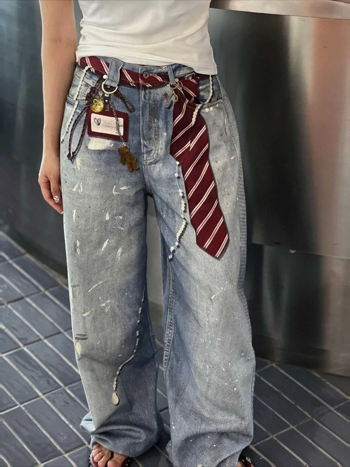 American Retro Scimitar Tie Exquisite Printed Blue Jeans Autumn New Design Loose Contour Floor Pants Women Street Fashion Pants M260310