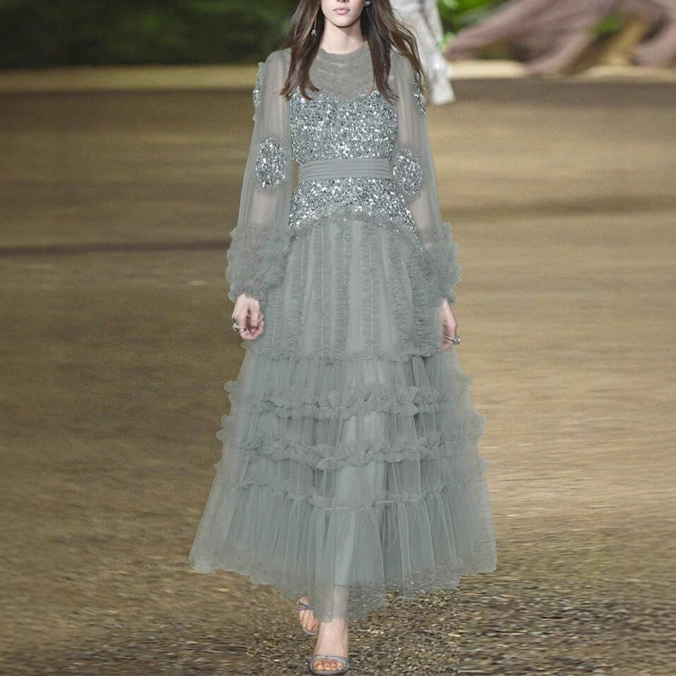 2026 autumn/winter dreamy fairy princess style exquisite sequin mesh long dress suitable for hostess bridesmaids or dinners