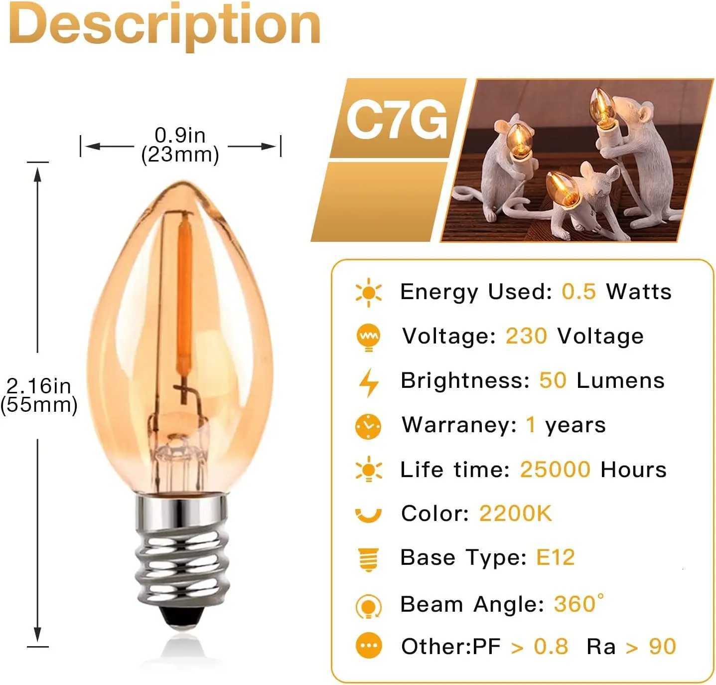 6PCS Christmas Decoration LED Light Bulbs C7 Night Lamp 05W E14 E12 2200K Amber Glass Bulb Dimmable Outdoor Vintage Soft Lights H260310