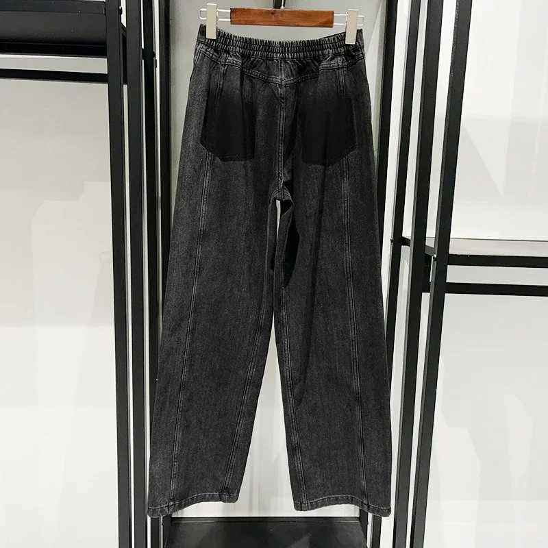 Women 2025 Spring and Summer New Style Half Elastic Waist Double Color Nail Diamond Decorative Denim Straight PantsT260310