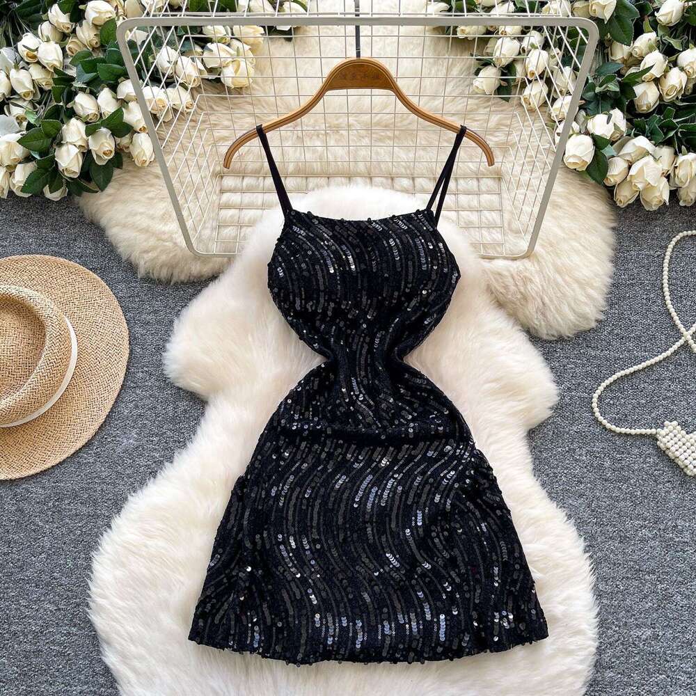 Light luxury celebrity fashion sequin shiny strap suitable for women's niche high-end style waist cinching slimming backless formal wear