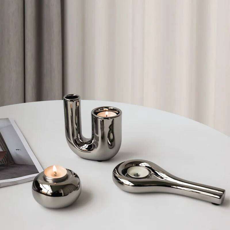 Luxury Electroplating Silver Geometric Ceramic Candlestick Ornaments Model Room Sales Office Art Soft Home Decoration H260310