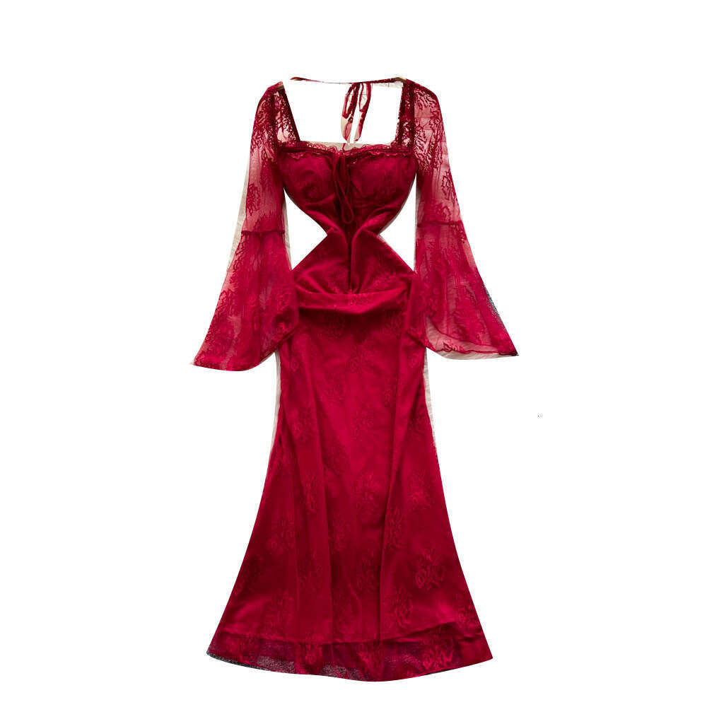 Women's red evening dress, European and American fashion, elegant square neck, bell shaped sleeves, waist cinching, slim fitting lace dress