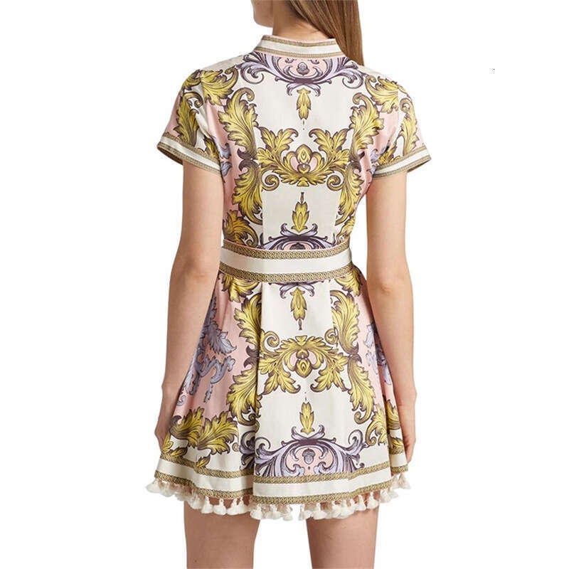 2026 new European and American niche personalized printed lace up tassel decoration cardigan jumpsuit short skirt