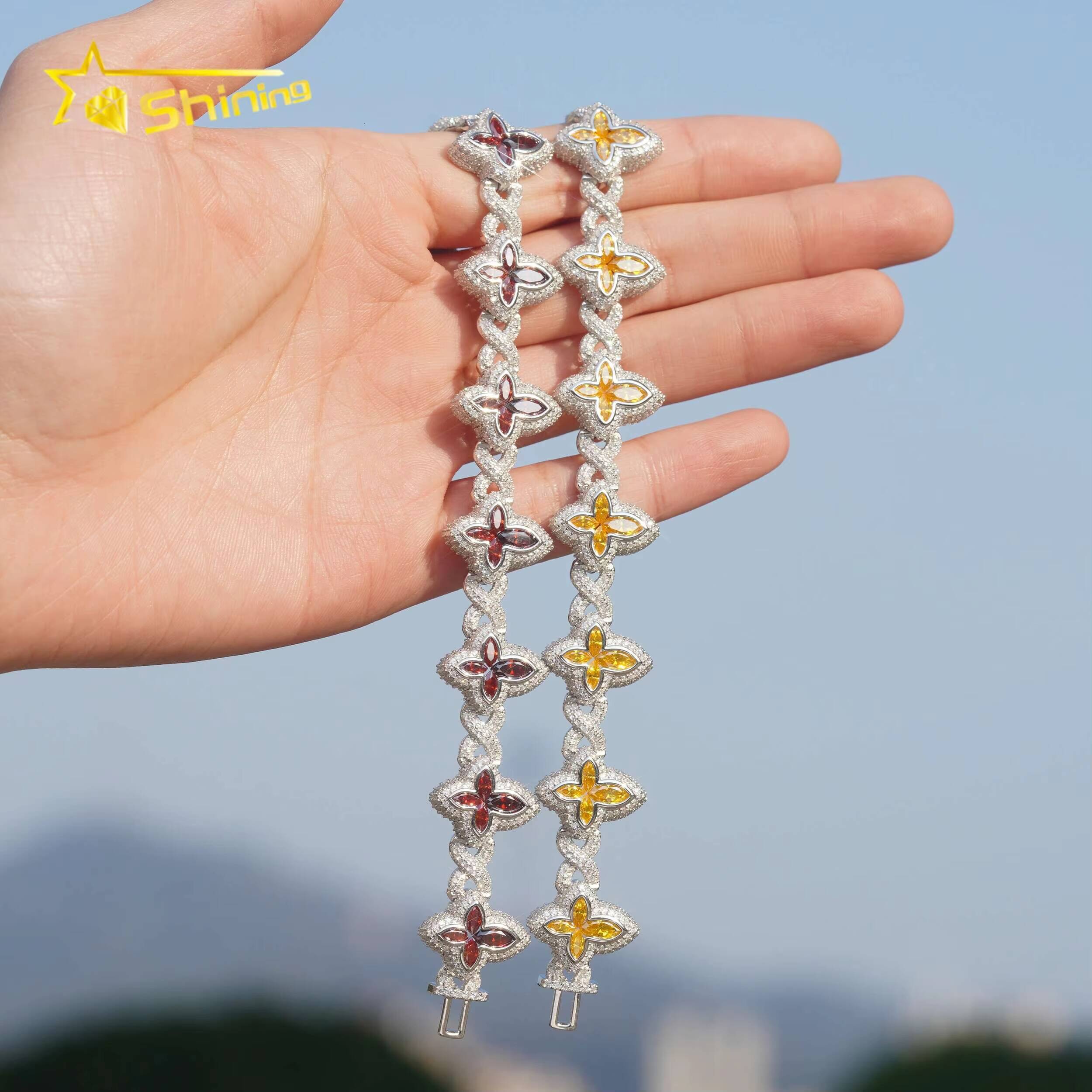 Pass Diamond Tester Colors Moissnaite Flower 15mm Mens Cuban Bracelet S925 Gold Plated Luxury Cuban Link Chain Hip Hop Jewelry