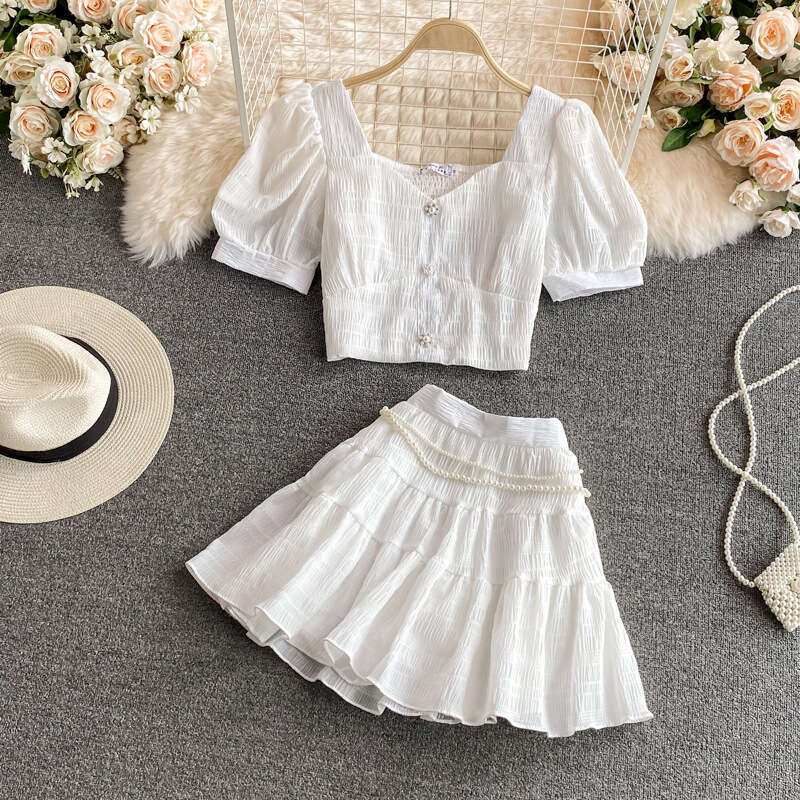 2026 Spring/Summer Designer Women's Fluffy Cake A-line Skirt Two Piece Set High Waist Short Sleeve Top