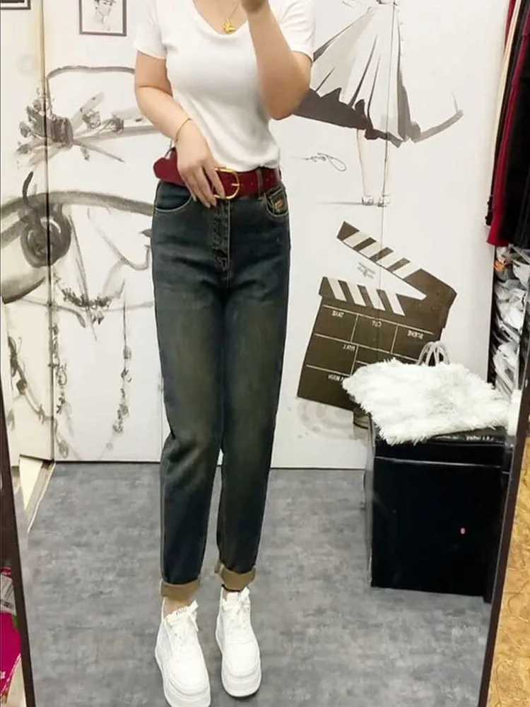 NEW Spring Autumn High Waist Straight Jeans Loose Fit Stretch Haren Denim Pants Ladies Ankle-Length Jeans Pants 2024T260310