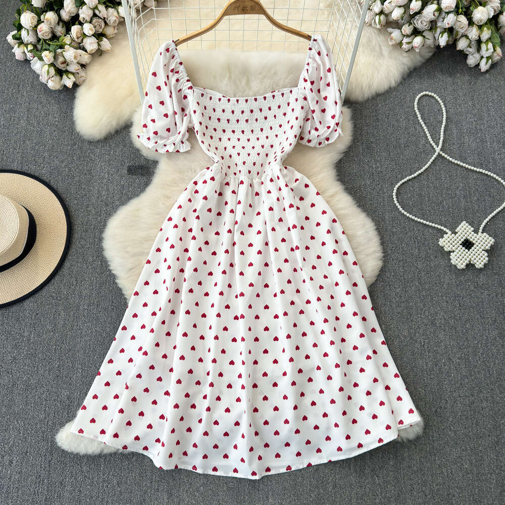 Kikyo Lady's First Love Gentle Lady Short Sleeve Square Neck Waist Tightening Split A-line Heart Printed Dress