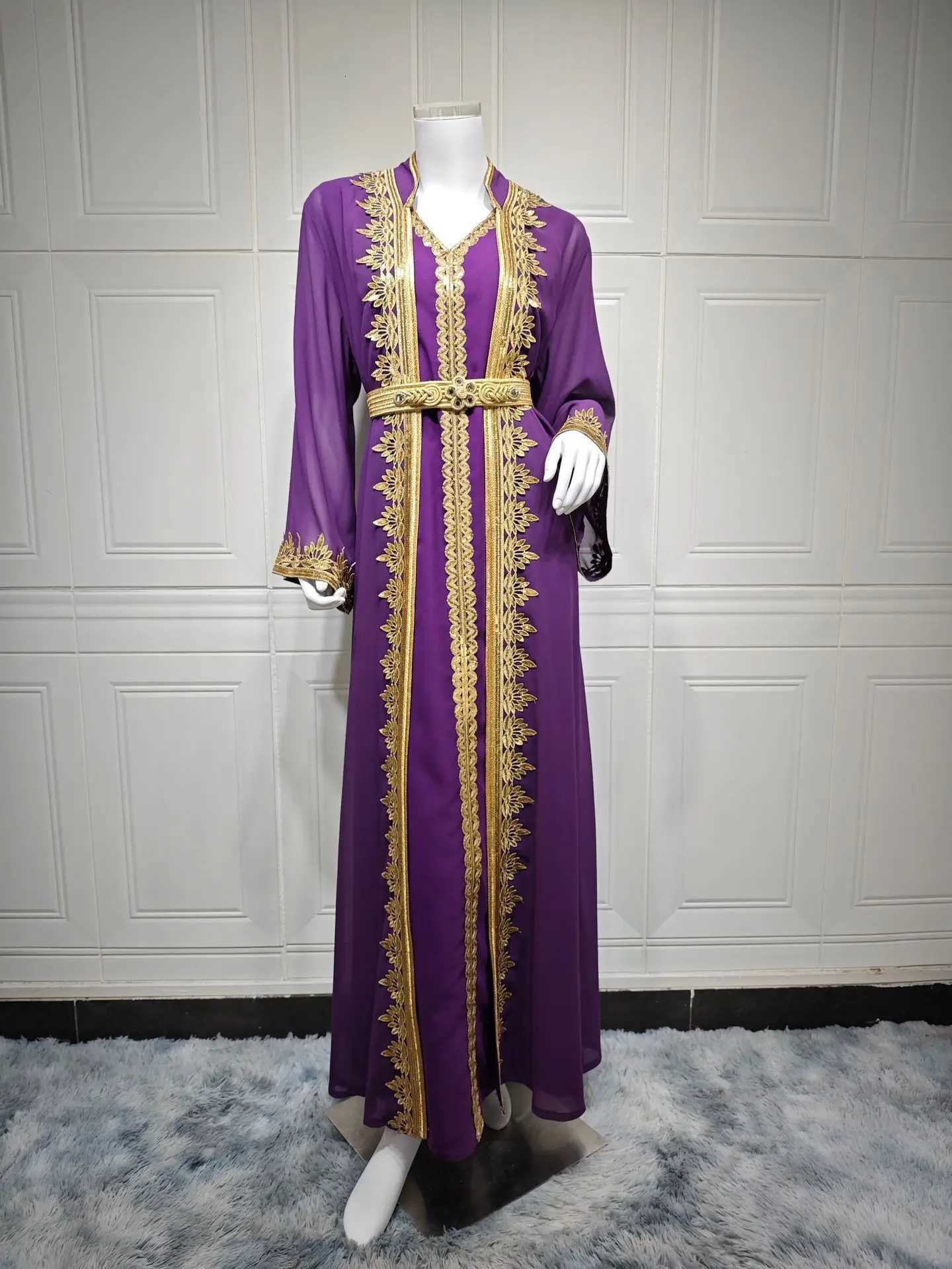 Dress Suit Women Eid Muslim Abaya Party Dresses 2 Piece Sets Embroidery Sashes Ramadan Dubai Kaftan Vestidos Jalabiya Long Robe X260310