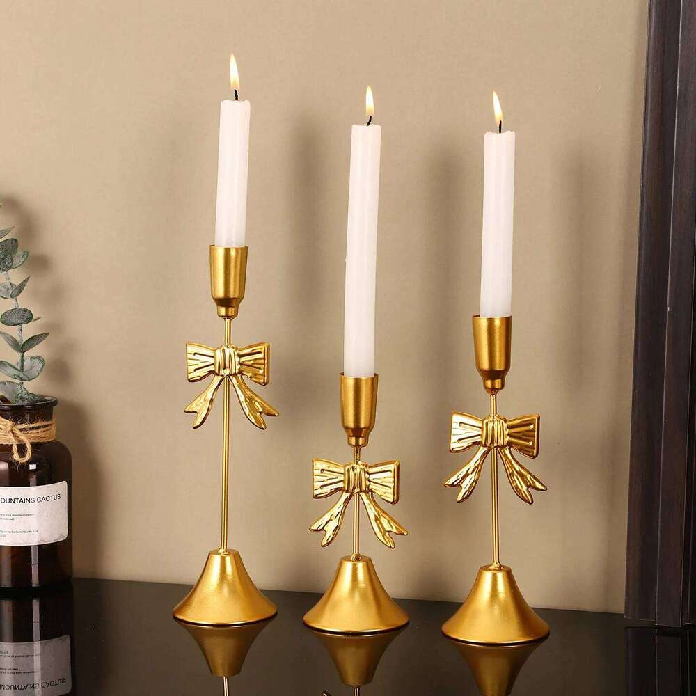 Table Decor Intricate Christmas Festive Bow Candlestick Golden Light Luxury Candle Holder H260310
