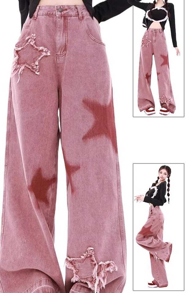 Large Size Women American Street Pink High Waist Autumn Korean Wide-leg Jeans Loose Fashion Versatile Straight Leisure Trousers M260310