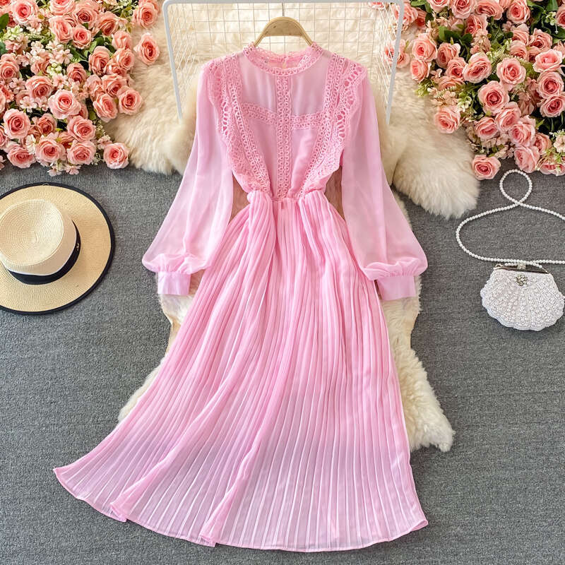 Spring and Autumn Palace Style Retro Lace Bordered Folded Chiffon Dress High Waist Elegant Slim Fit Wide Bottom