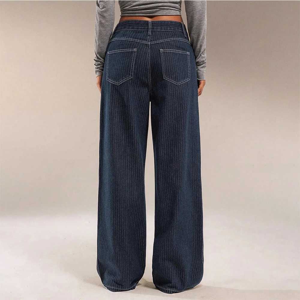 Women Mid Waist Jeans Spring Autumn Daily Matching Comfy Loose Wide Leg Trousers Fashion Stripe Straight Leg Denim Fabric Pants M260310