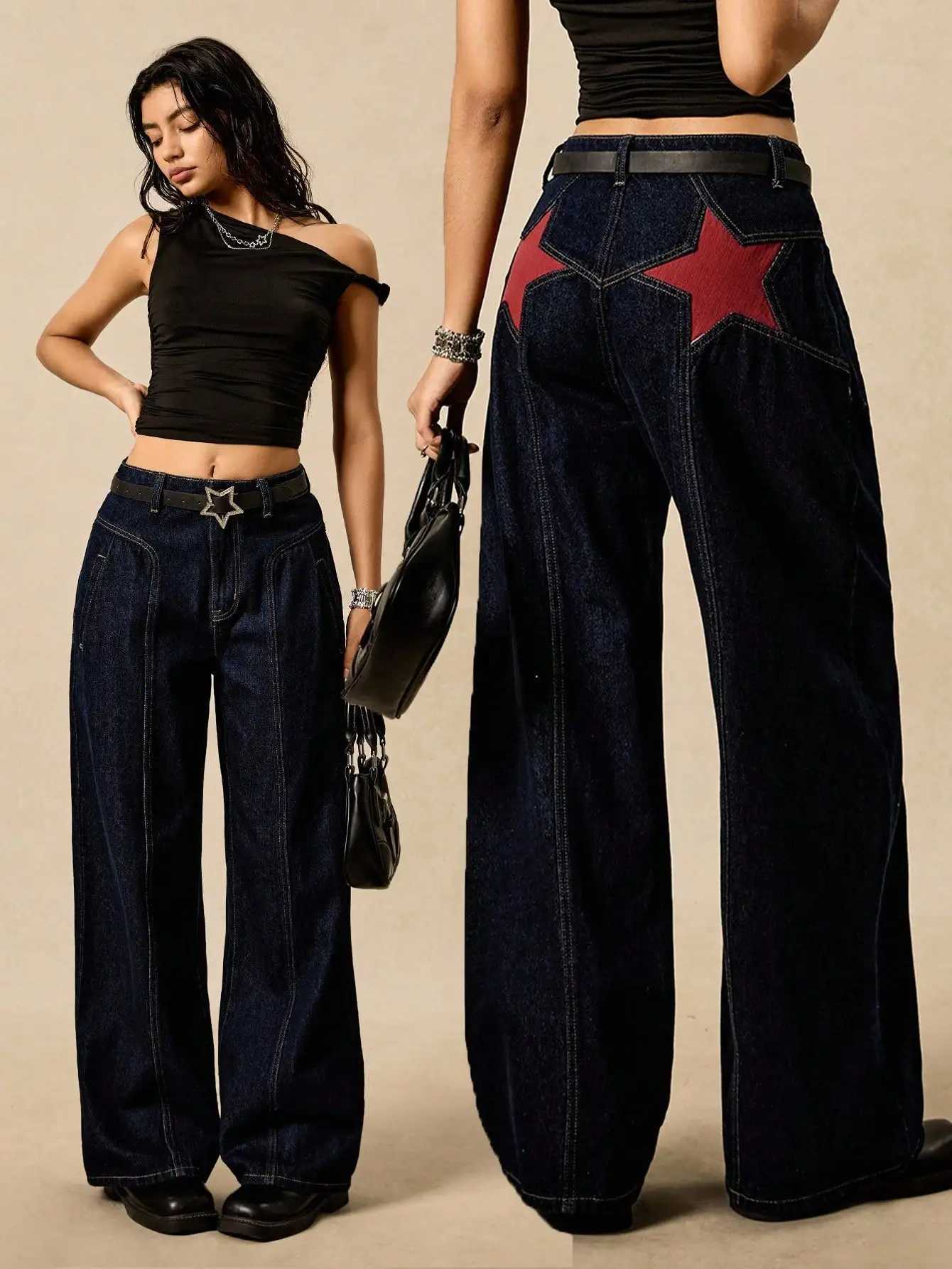 Womens Loose Fit Denim Jeans with Red Star Patch Back Design Streetwear Style for Summer Casual WearT260310