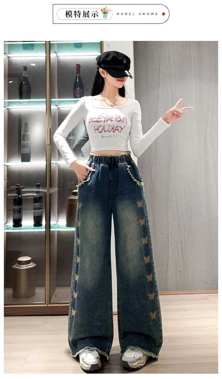 Women Plus Size L-6XL Spring New Foreign-style Embroidery Elastic Waist High Waist Floor Pants Loose Comfortable Wide-leg Jeans M260310