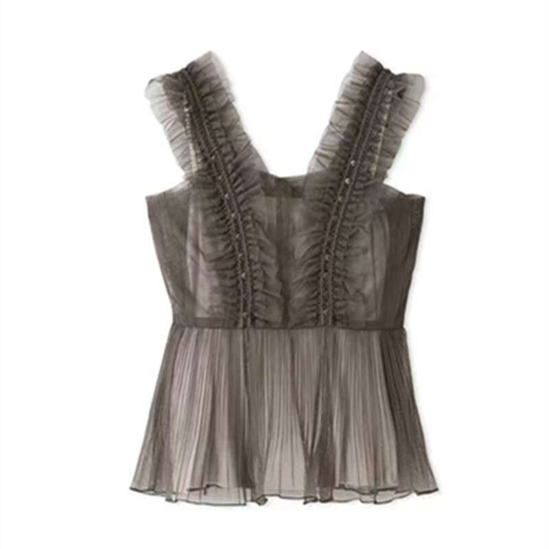 2026 Spring/Summer Women's Designer Sweet Transparent Ruffle Strap Chiffon Top