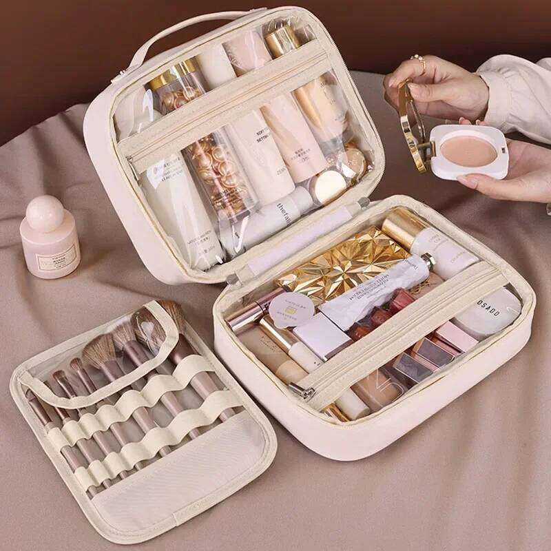 Makeup PU Leather Double Layer Clear Cosmetic Bag Large Capacity Luxury Cosmetics Organizer Women's Travel Essentials XJ260310