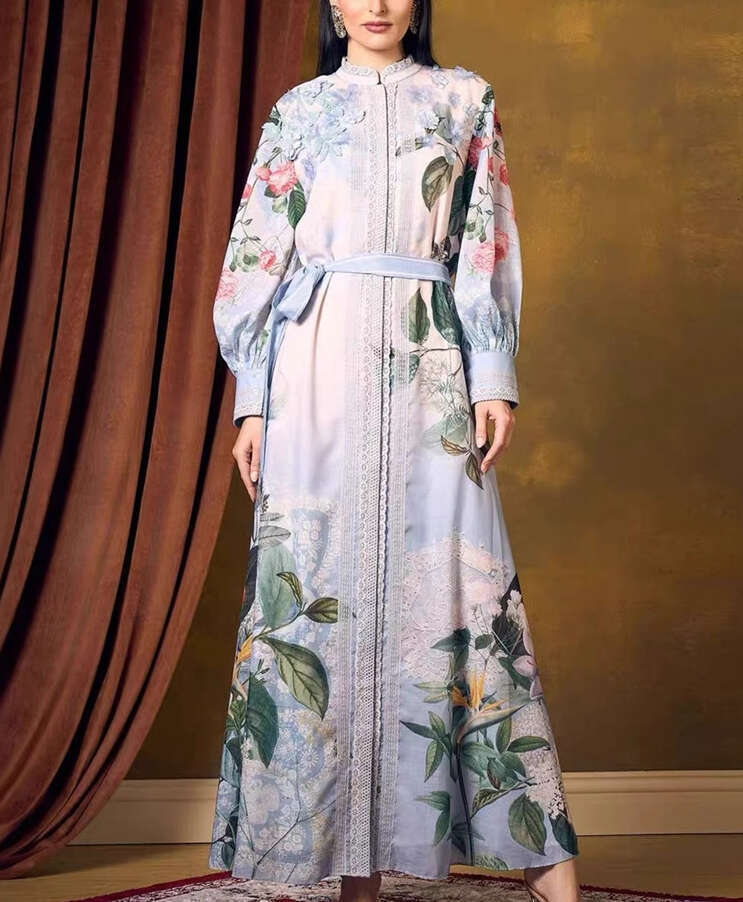 2026 Spring and Summer European and American Fashion Bohemian Vacation Style Fairy Flower Loose Tie Front Shirt Single breasted Long Dress