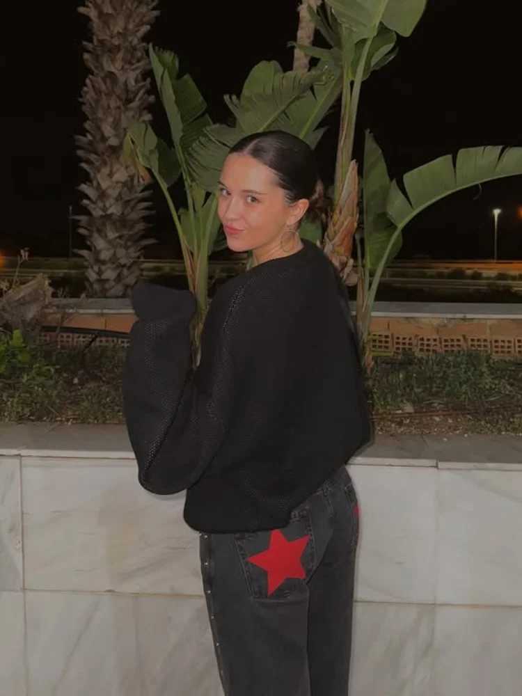 Women High Waist Five Pointed Star Rivet Straight Jeans Solid Casual Street Fashion Long TrousersT260310