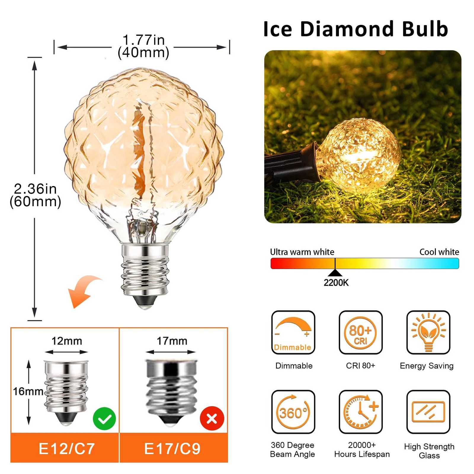 G40 Led Replacement Bulb 1W E12 Base Globe Edison Lamp 2200K Ice Diamond Amber Glass Golll Vintage Light Bulb For String Ligh H260310