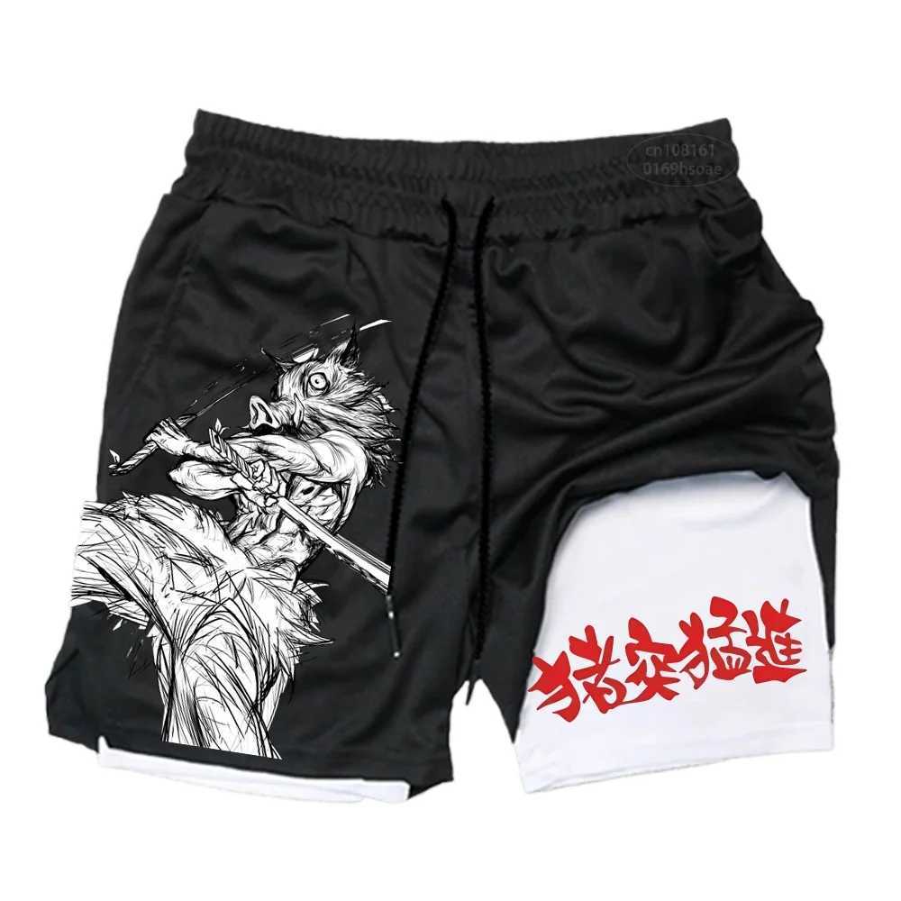 Mens anime printed fitness shorts double-layer 2-in-1 quick drying fitness outdoor leisure training sports shorts N260310