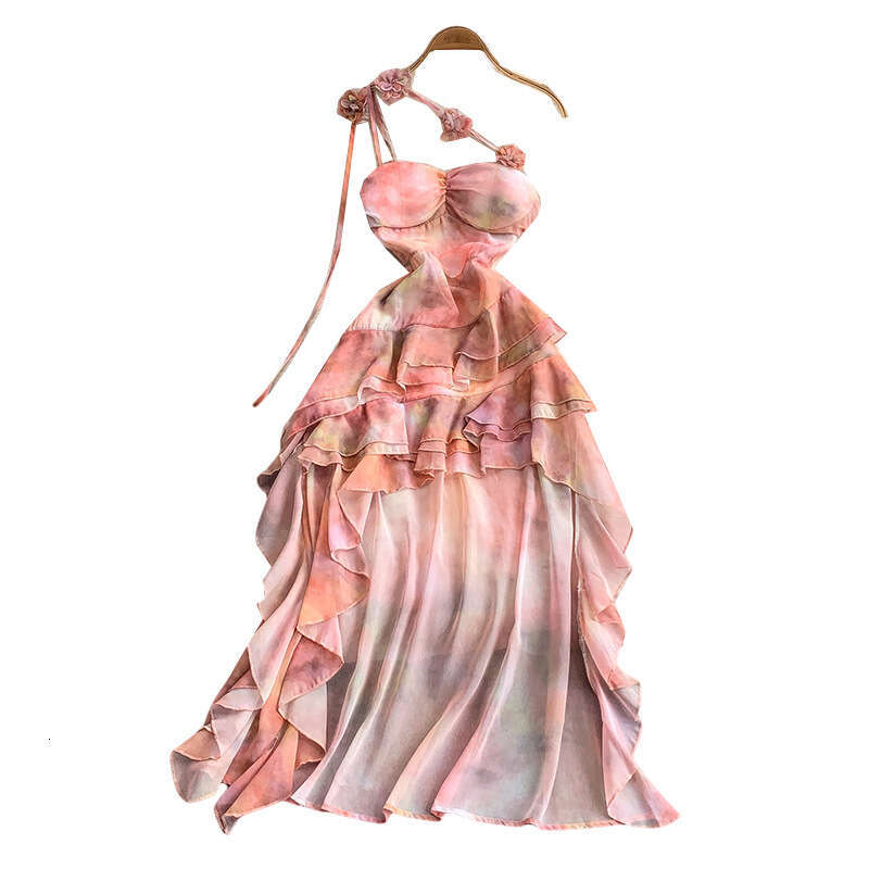 French vacation style romantic 3D floral backless dress for women, high-end pink with irregular pleats