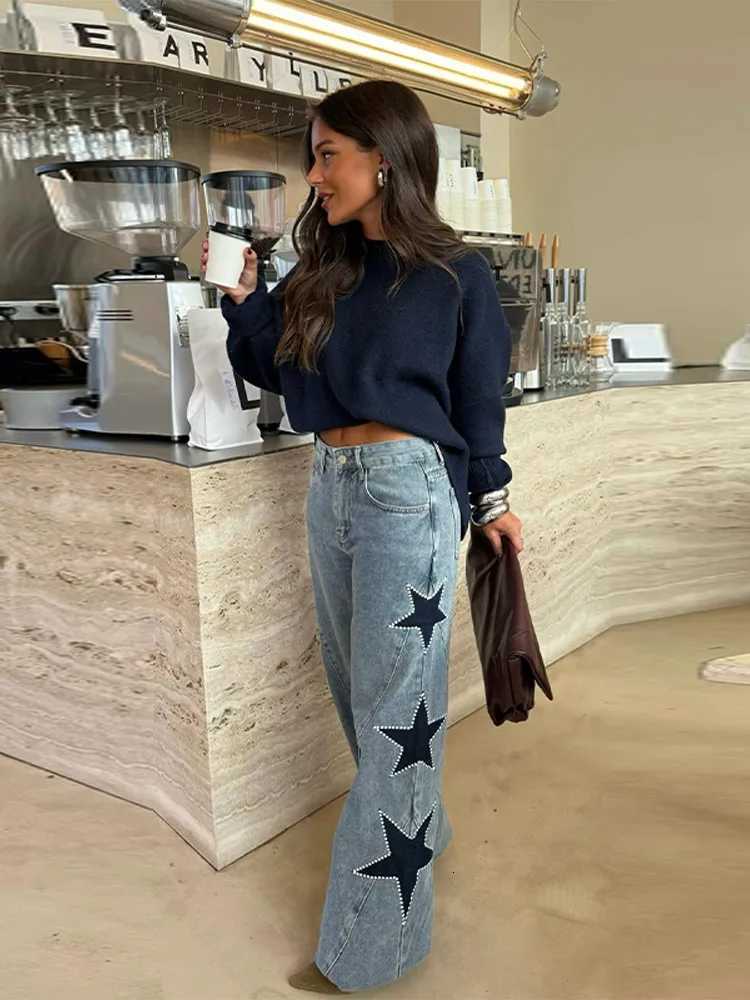 Casual Blue Denim Pentagram Patchwork Pants Women Chic High Waist Button Zipper Loose Trouser 2025 New Daily Commute Street WearT260310