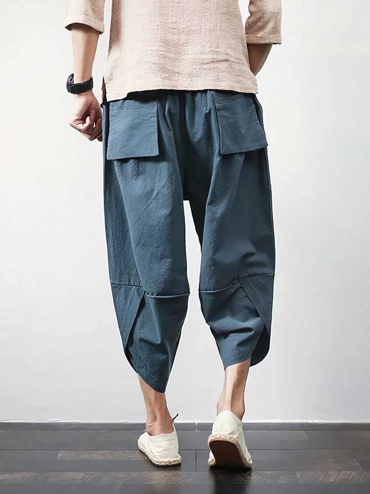 Beach Summer Cotton Linen Cargo Shorts Men Baggy Wide leg Casual Capris Pants Male Sport Running Shorts 2025 Harem Trousers N260310