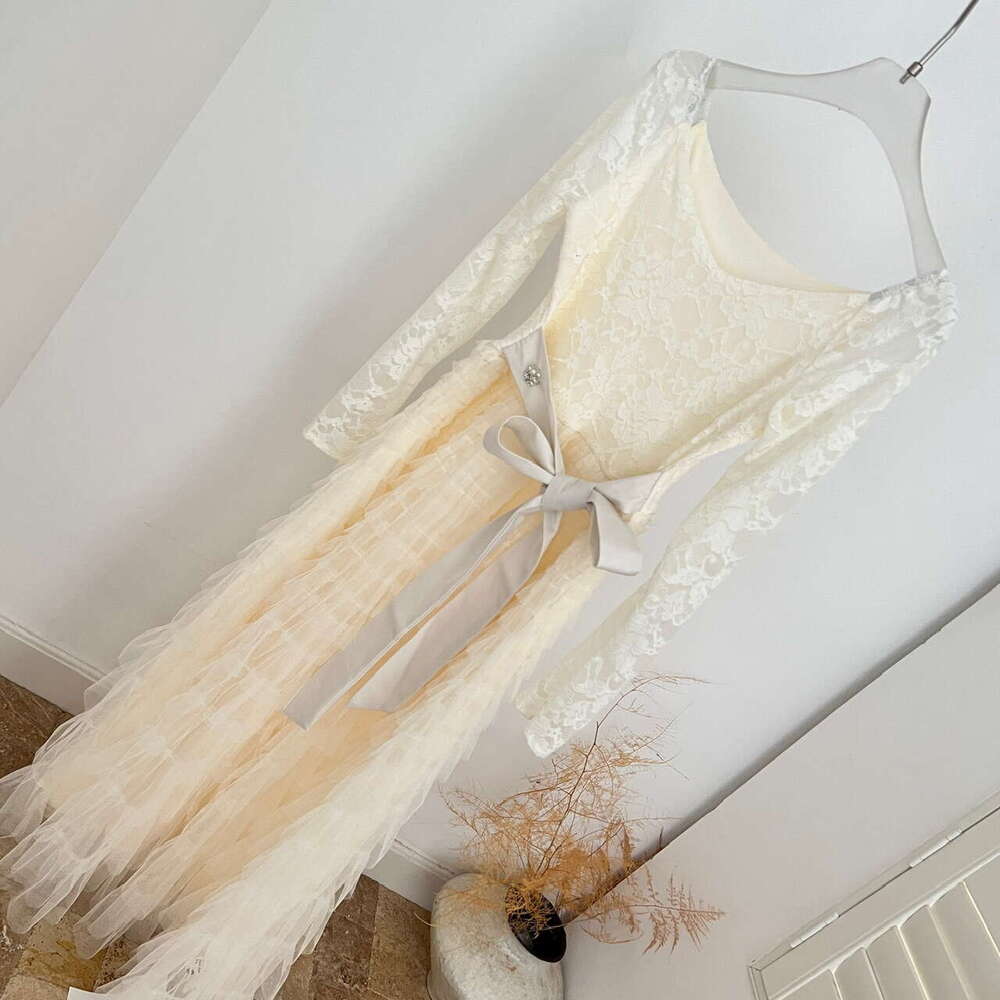 French retro niche lace patchwork fluffy cake skirt dress with wool waistband added for autumn and winter slimming long style