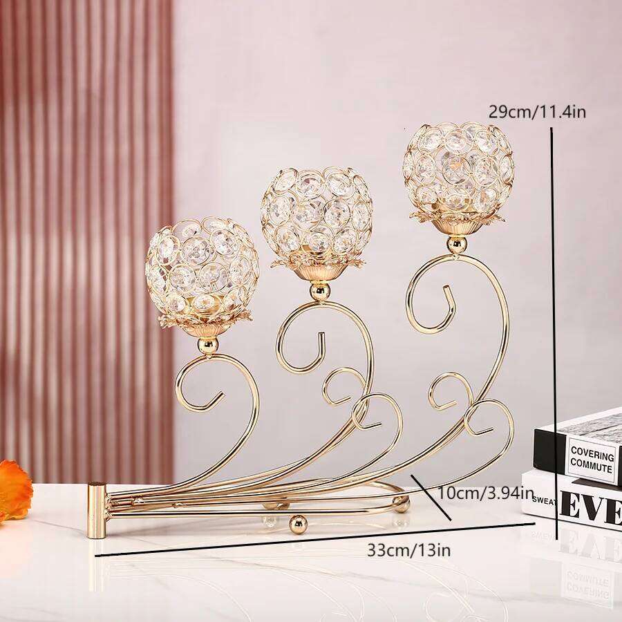 1pc 3 Arms Golden Metal Votive Candle Holder Candelabra Flower Vase, Vintage Candlestick for Table Centerpiece H260310