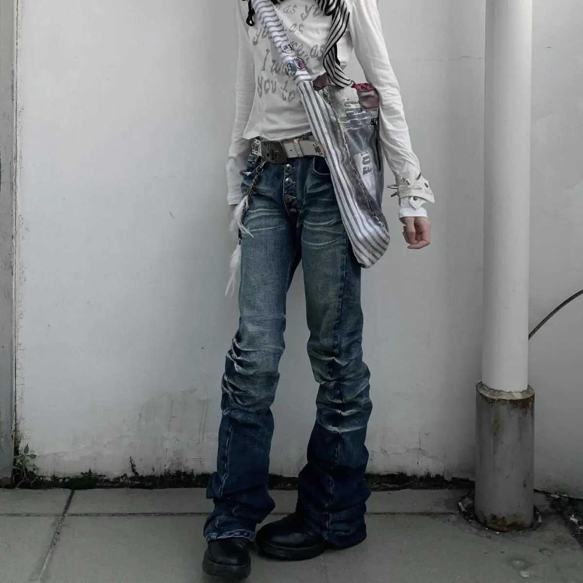 Washed Distressed Vintage Flared Jeans Women High Street Straight Denim Pants American Retro Harajuku Hip Hop Y2k Trousers M260310