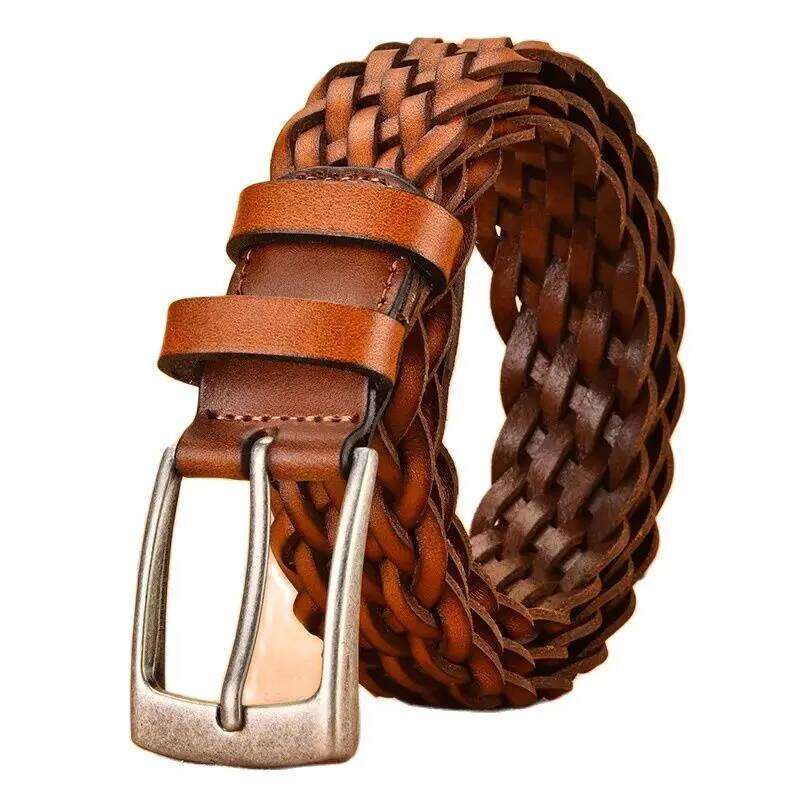 Width 3.4cm Brown Real Cowhide Braided Belt Casual Needle Buckle Head Layer Hollow Hand Woven Fashionable Personalized Trouser H260310