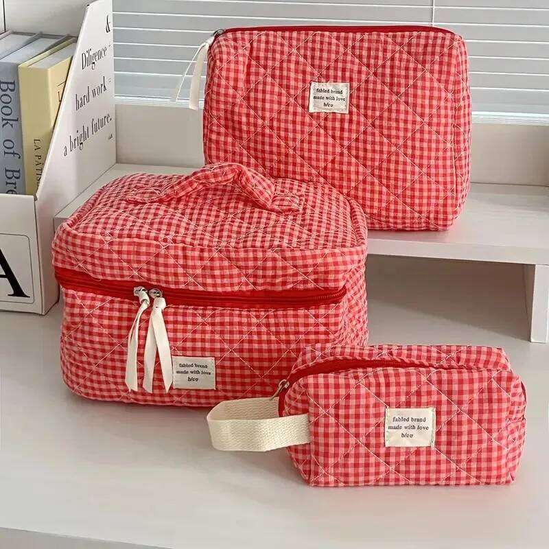 Women Large Capacity Checkered Cosmetic Girls Cotton Skincare Brushes Storage Portable Travel Toiletry Makeup Bag XJ260310